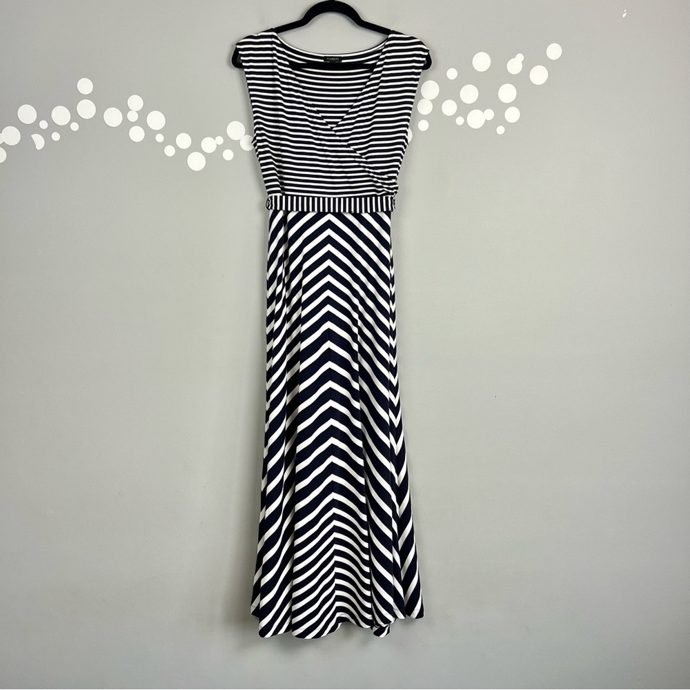 Talbots Navy White Stripe Maxi Dress Size M Tie Waist Surplice Bodice